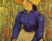 文森特 威廉 梵高 : 戴草帽的女孩坐在麦田里